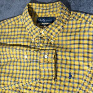 Ralph Lauren Button Down Shirt Mens XL Yellow Plaid Classic Fit Blue Pony